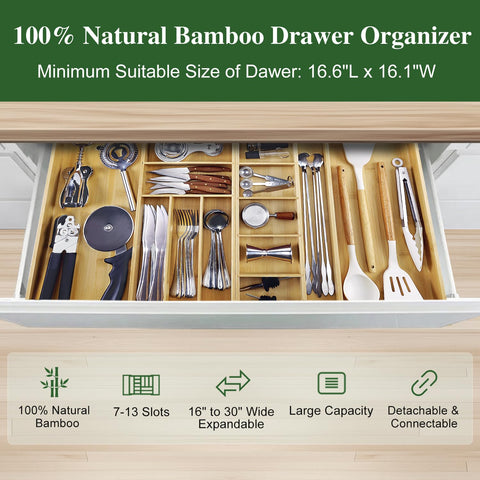 MH MYLUNE HOME organizador de cajón de bambú 8-15 pulgadas para cajones pequeños