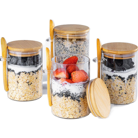 Conjunto de 4 contenedores MHDCLY para avena nocturna, ideal para preparación anticipada.