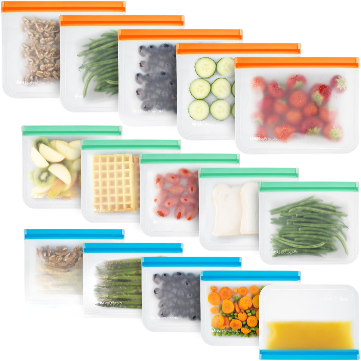Bolsas MHSEcoFriendly reutilizables para congelar alimentos con sellado seguro