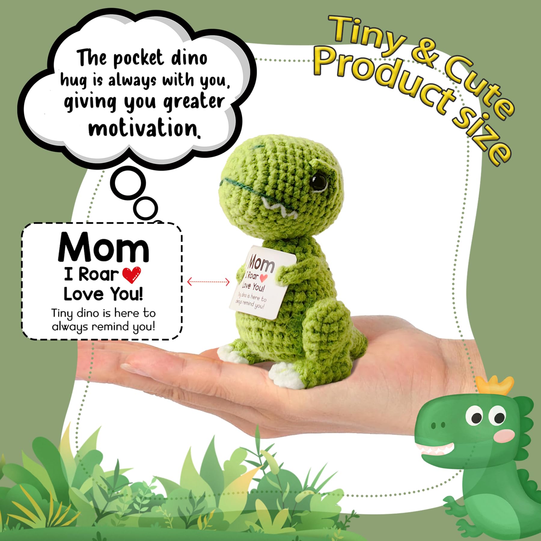 MHSMHL dino-crochet-mensaje-apoyo: adorno tierno que recuerda tu cariño.