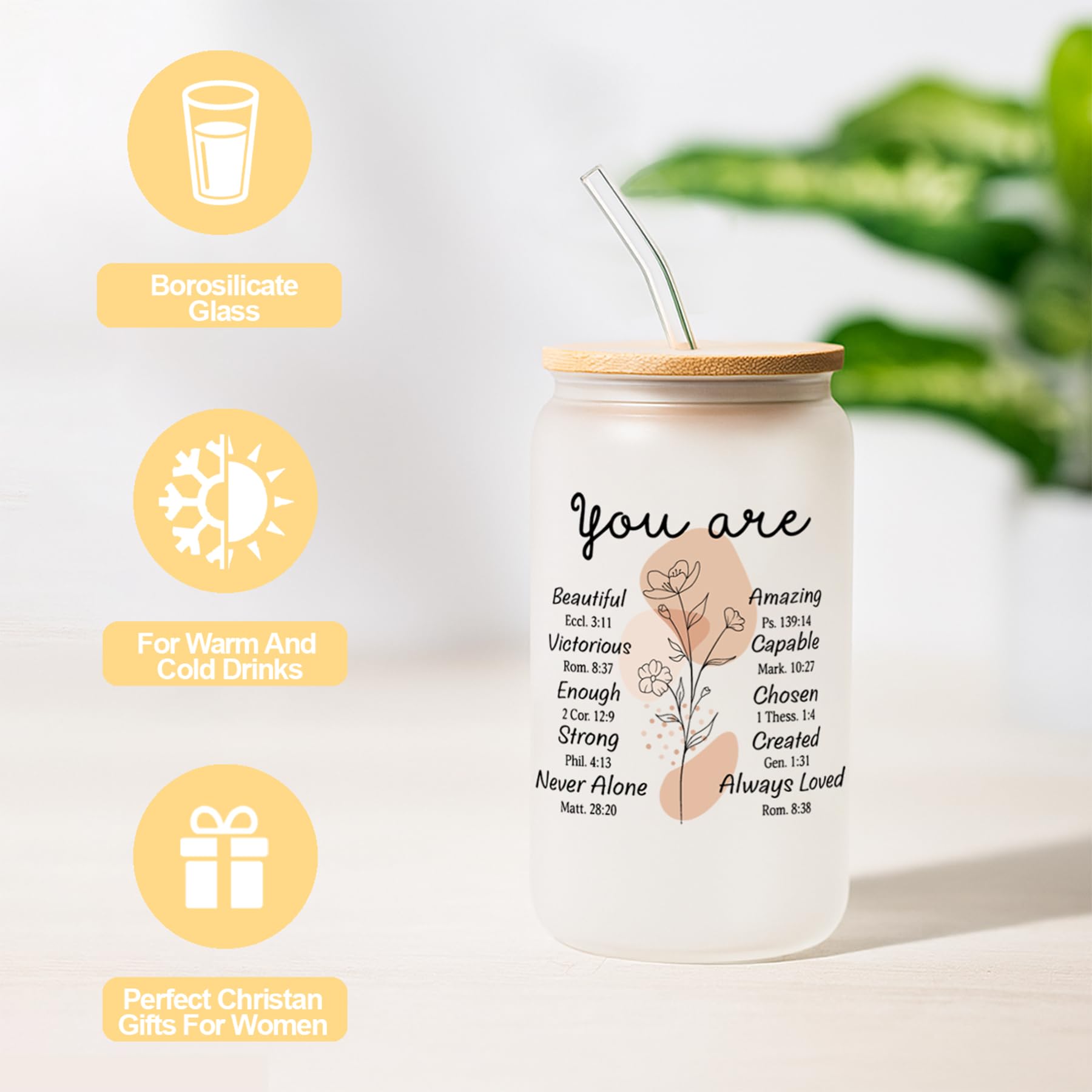 MHSMHL vaso de cristal con frases bíblicas para inspiración diaria.