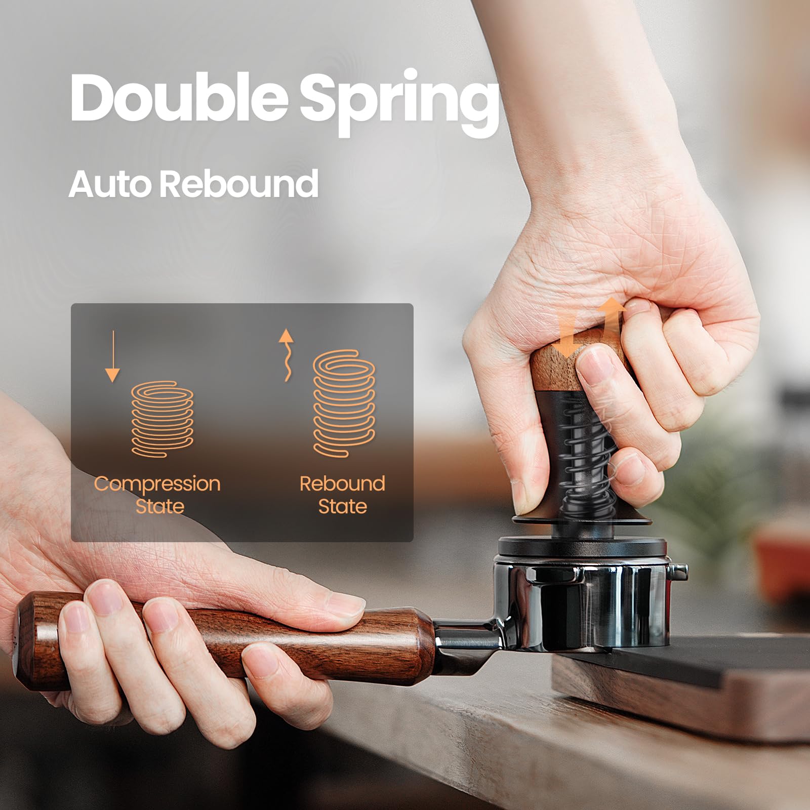 Prensa horizontal MHW-3BOMBER para espresso, evita inclinación durante la compactación.