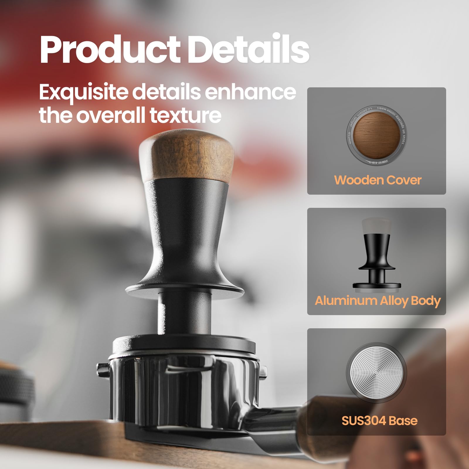 Tapa de madera y mango ligero ofrecen agarre cómodo y sensación premium.