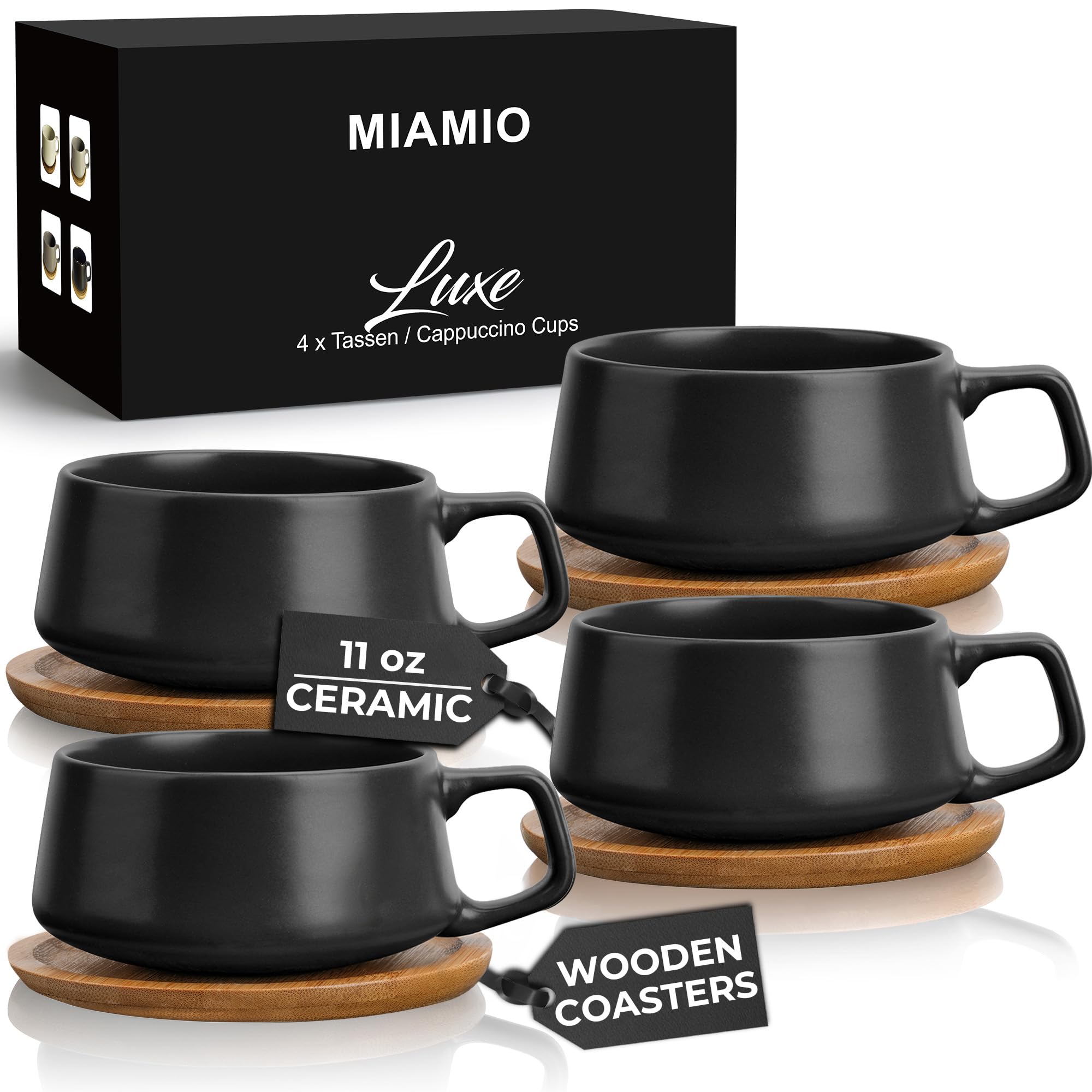 MIAMIO juego de tazas cerámica 11 oz con bandeja de madera para café