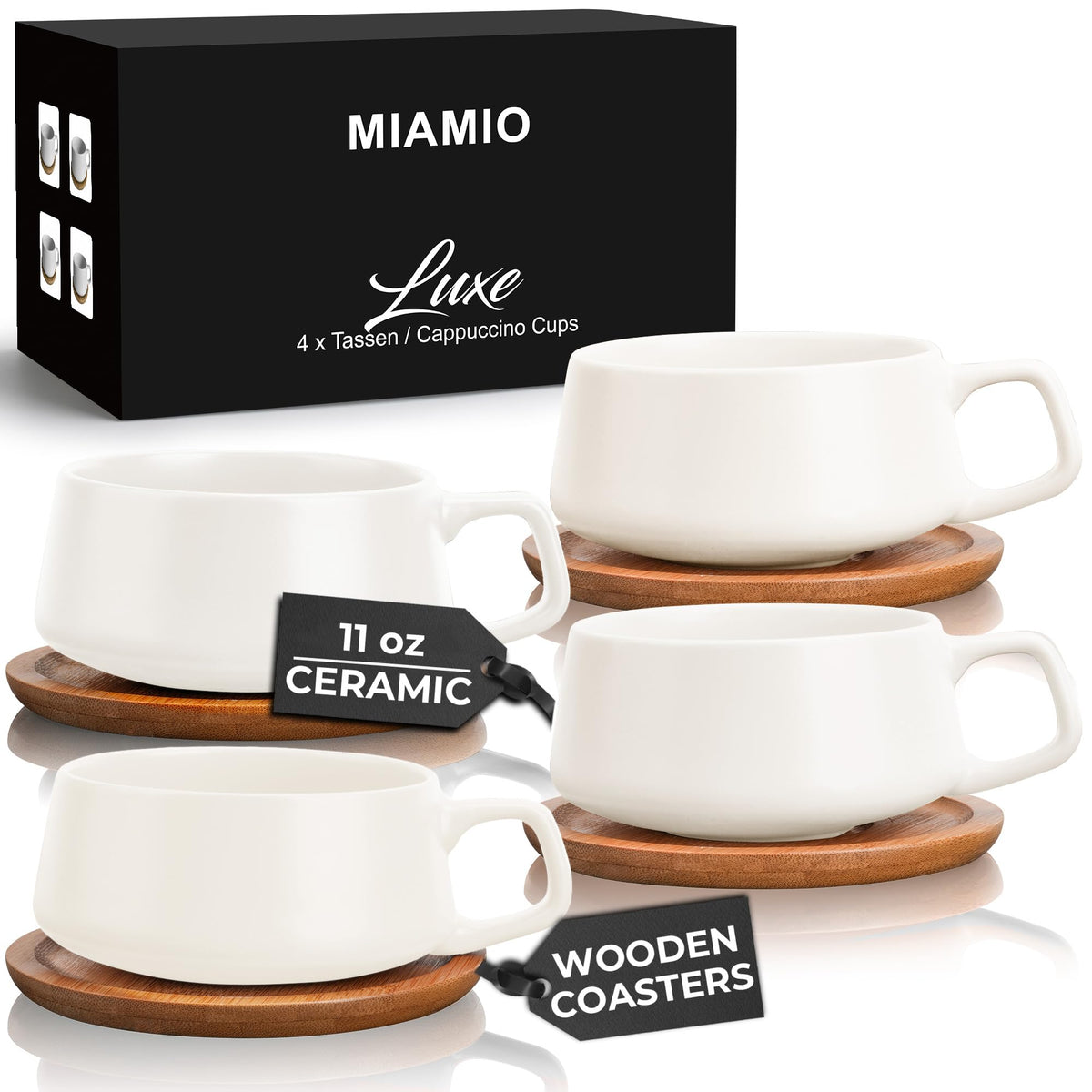 MIAMIO juego de tazas cerámicas 11 oz con base de madera, ideal para café o té diario.