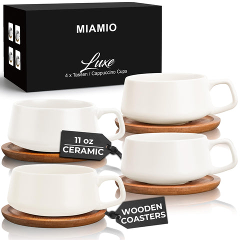 MIAMIO juego de tazas cerámicas 11 oz con base de madera, ideal para café o té diario.