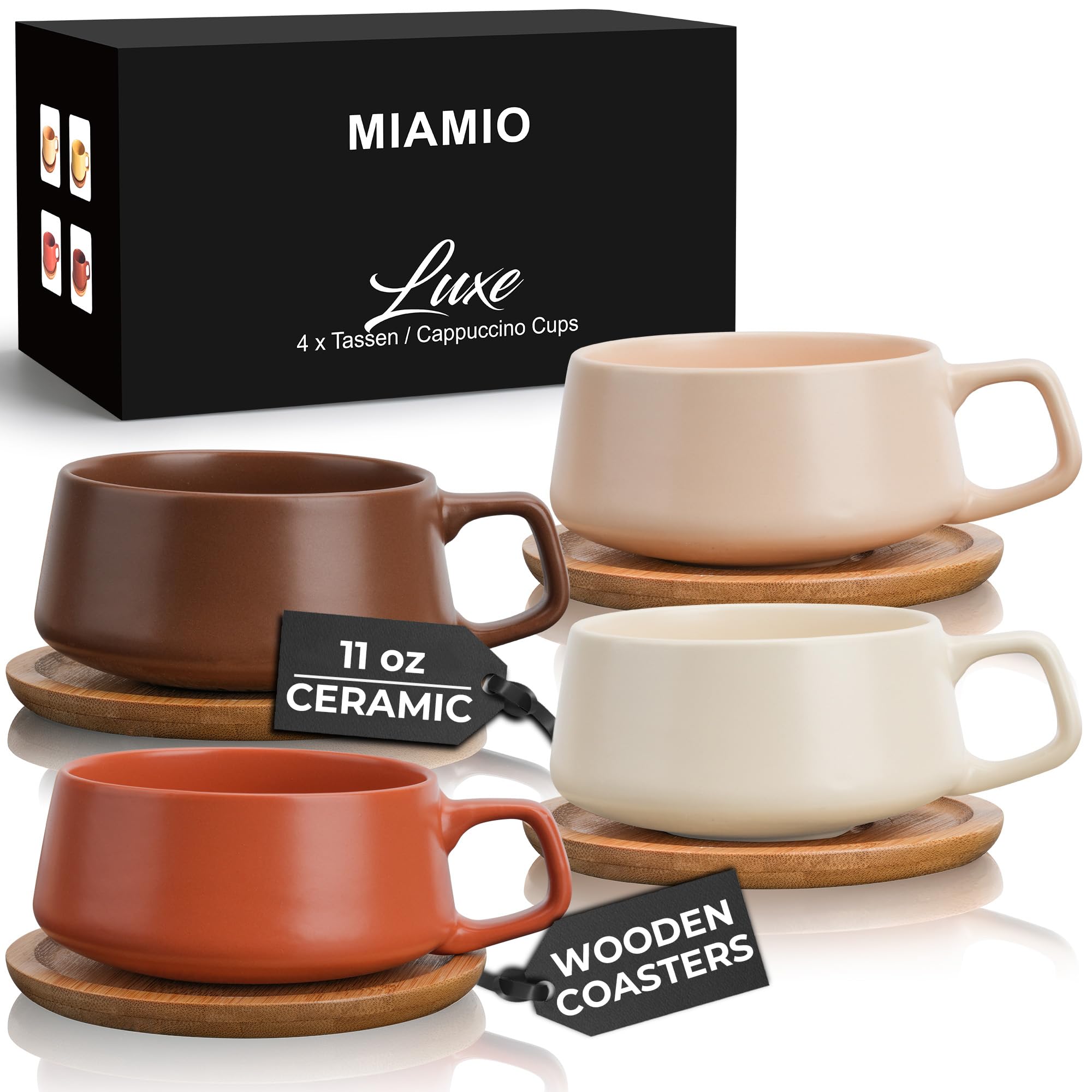MIAMIO juego de tazas cerámica 11oz con base de bambú, ideal para café.
