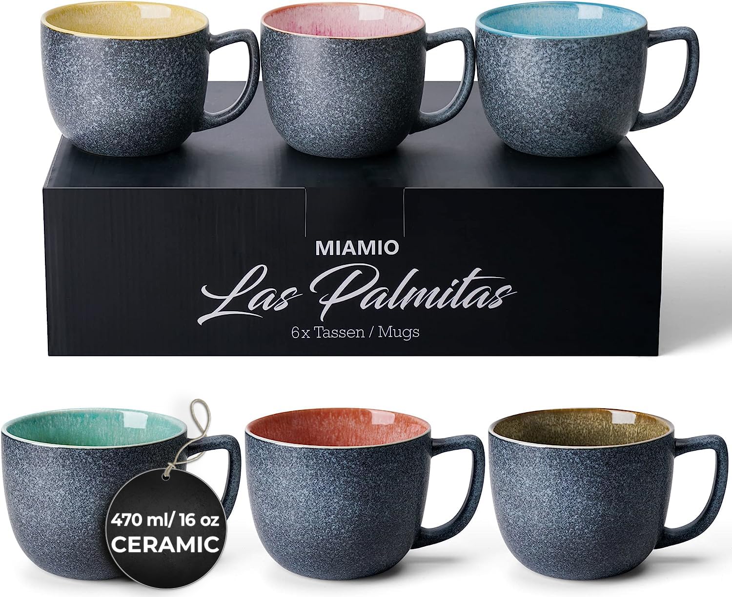 MIAMIO Las Palmitas: juego de tazas 16 oz con exterior mate e interior colorido