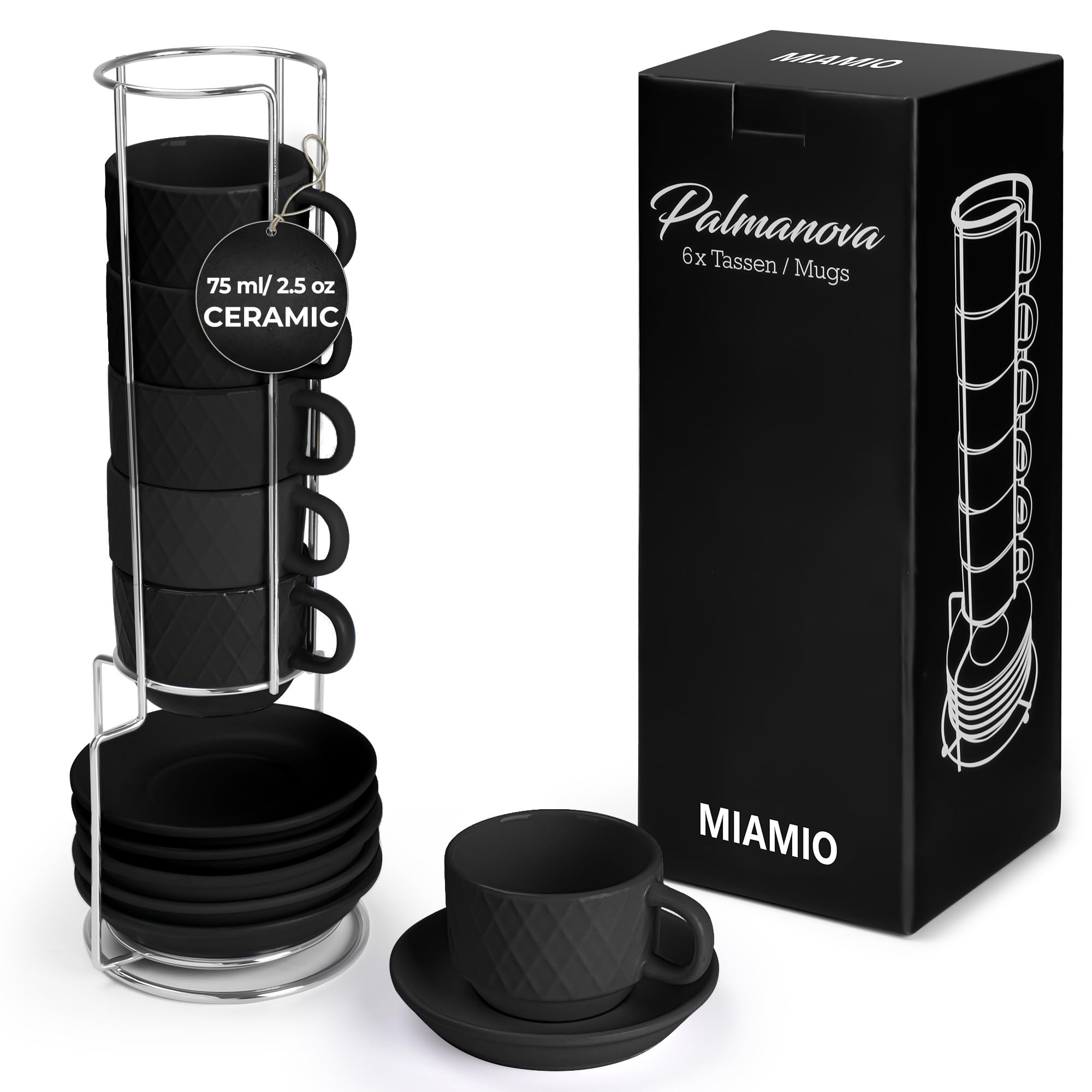 MIAMIO Palmanova juego de tazas con soporte y platillos para espresso con estilo.