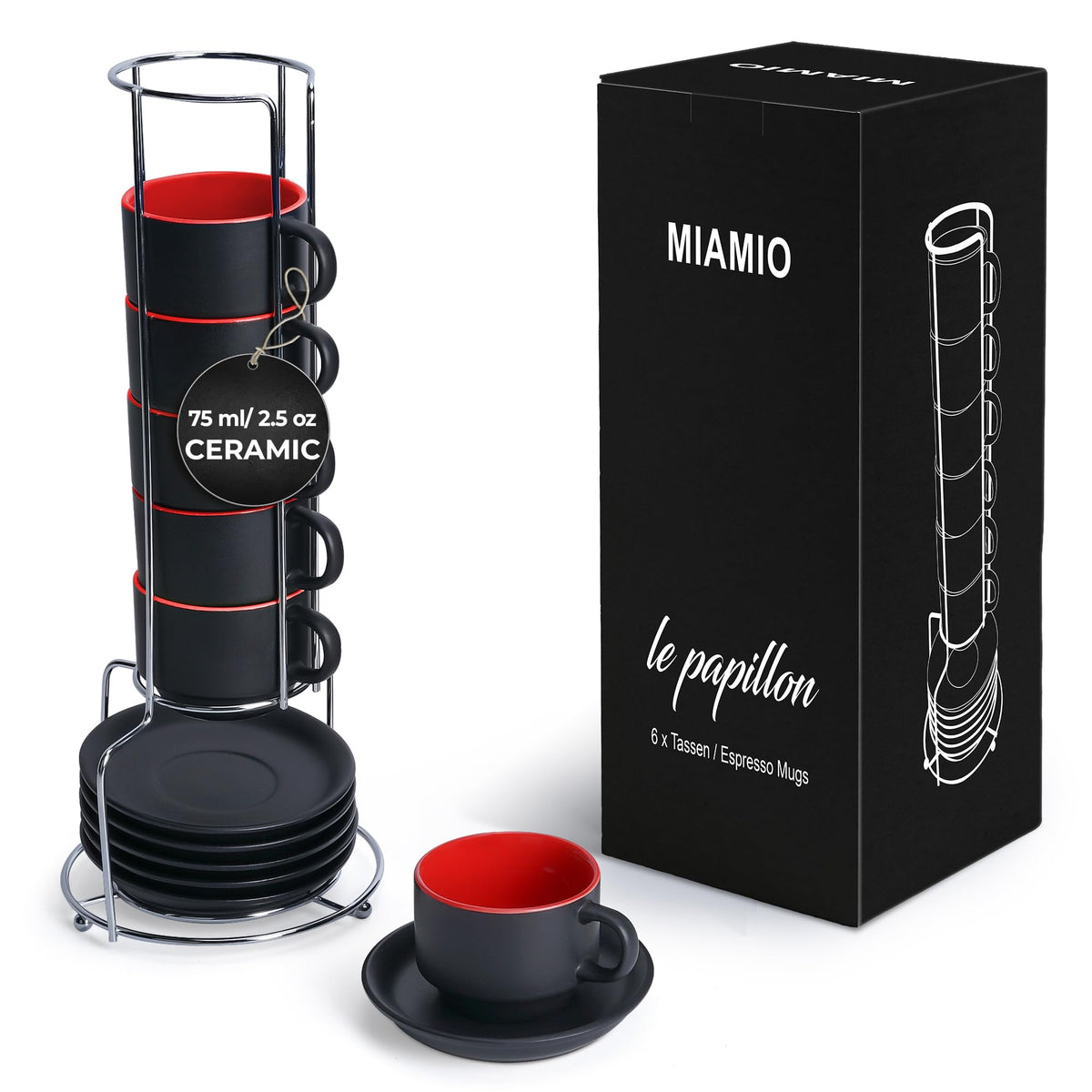 MIAMIO set de tazas espresso 6 piezas con platillos, ideal para desayunos elegantes.