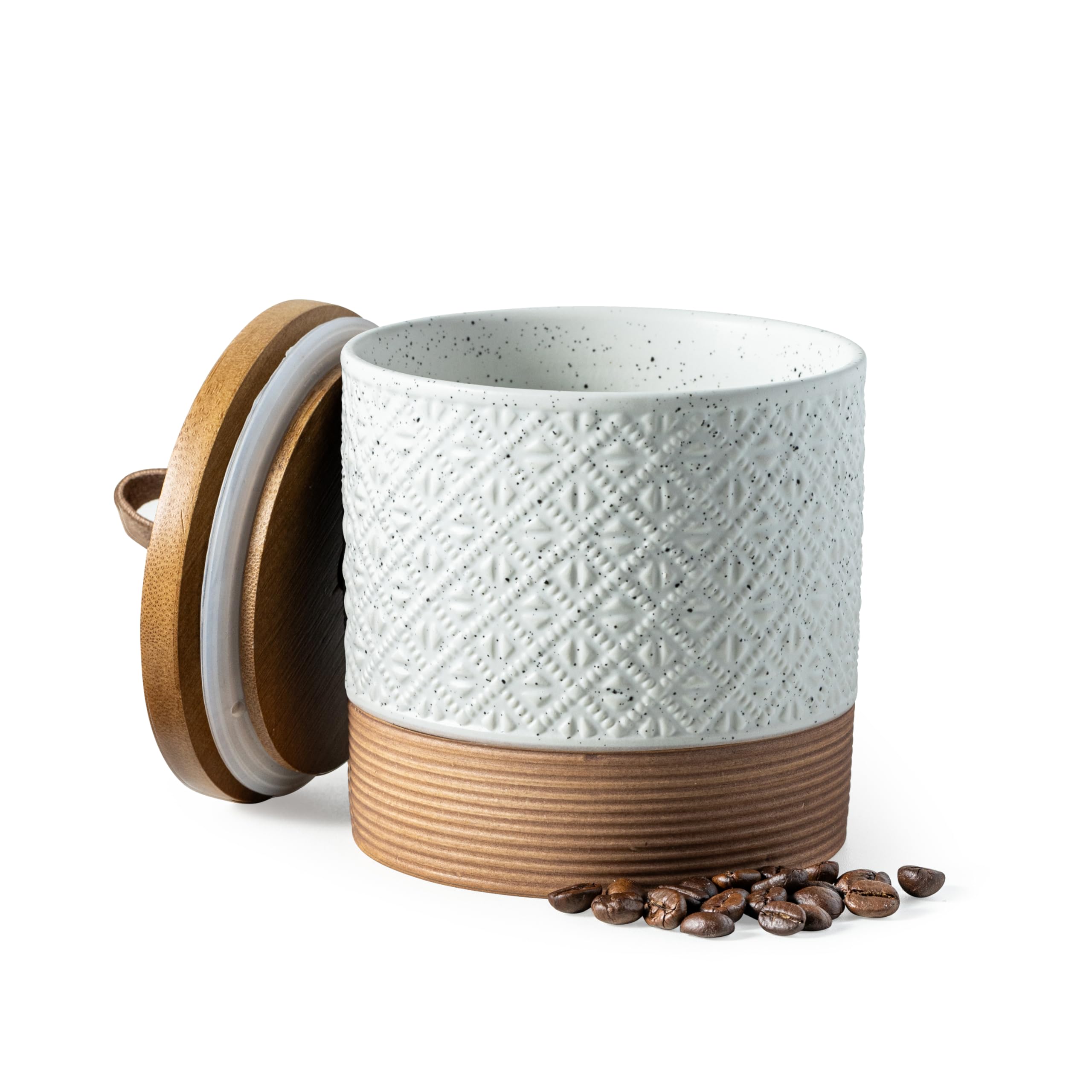 Frasco cerámico Miamolo con tapa frontal, ideal para especias y café.
