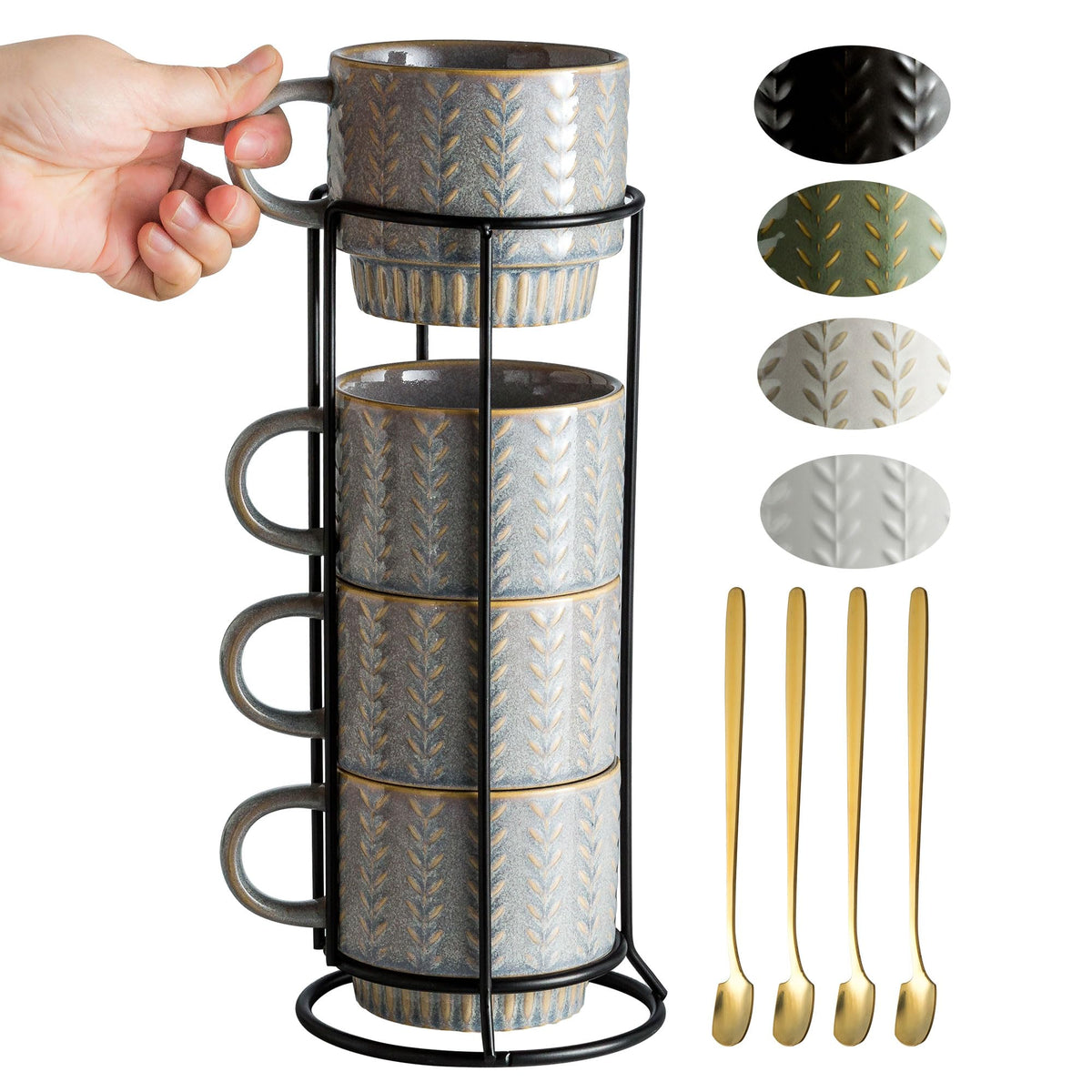 Tazas cerámicas Miamolo en set de 4 con cucharas y soporte para ordenar la mesa.