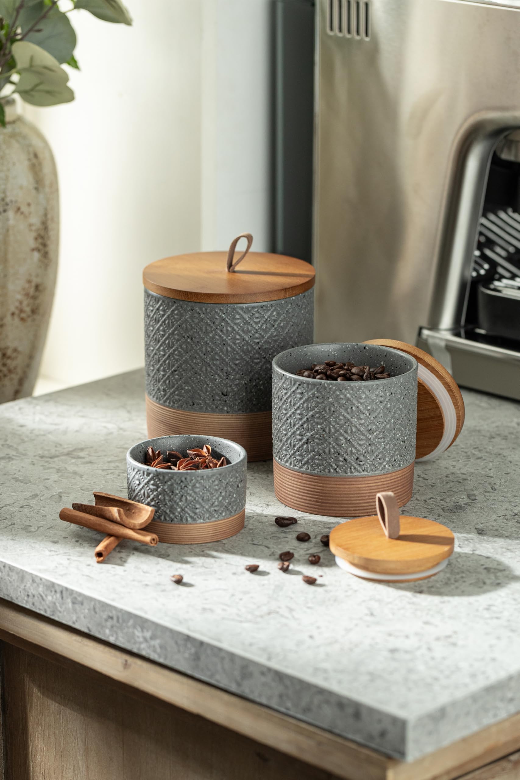 Miamolo tarro decorativo de cerámica, apilable para organización de la cocina.