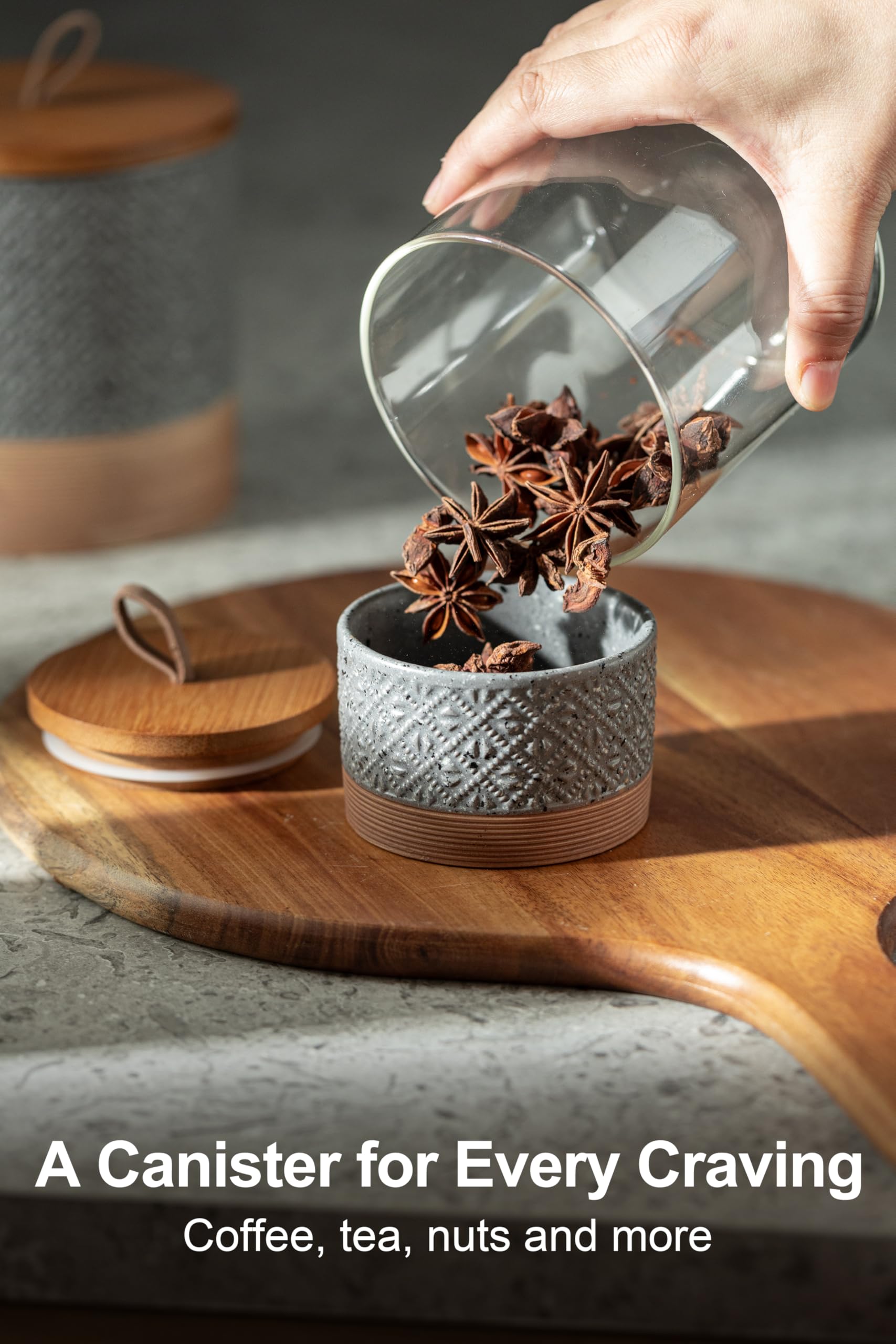 Miamolo tarro cerámico pequeño, tapa de madera, sello hermético para especias.