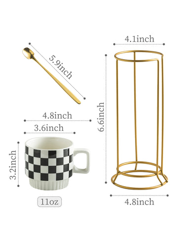 Conjunto de tazas de 11 oz con diseño a cuadros negro y blanco, ideal para bebidas calientes.