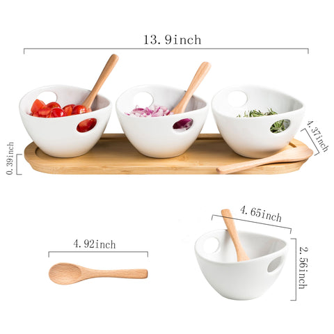 Tazones cerámicos con asas de Miamolo para ordenar los dips en la mesa.