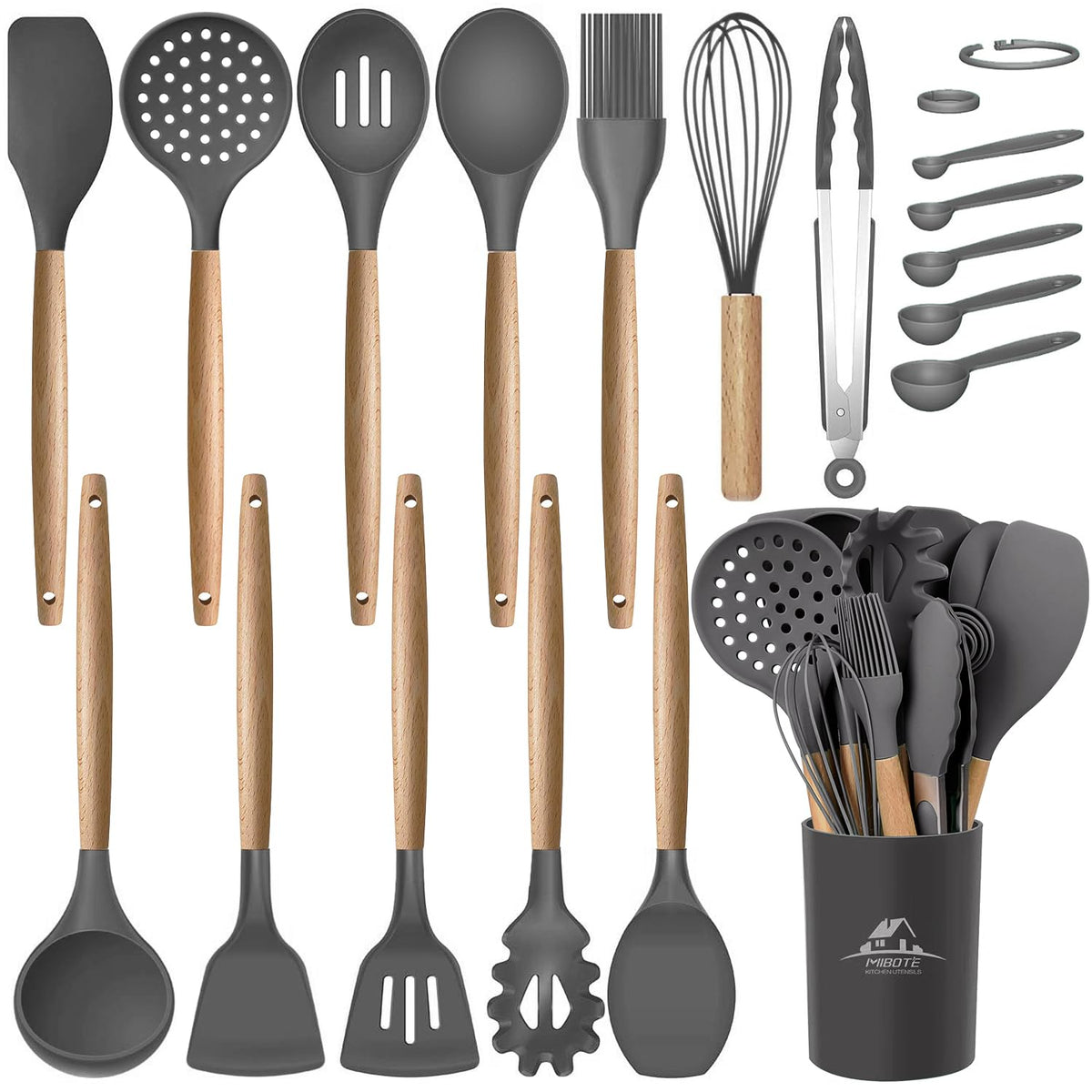 Set de utensilios MIBOTE de silicona 17 piezas con soporte gris, duradero y seguro.