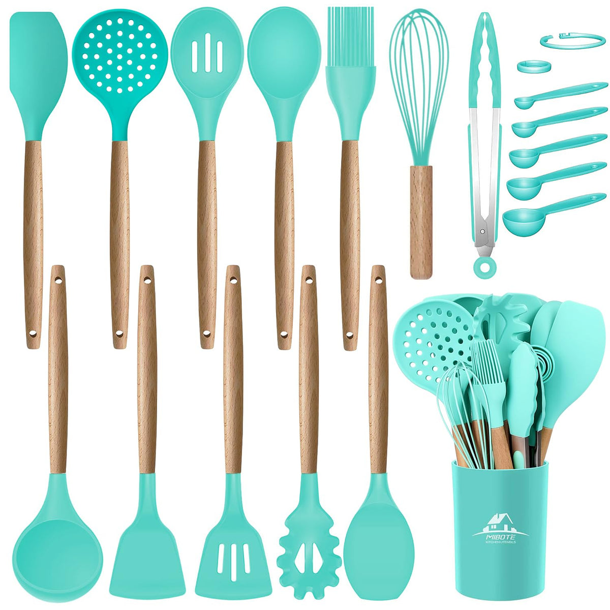 Juego de utensilios MIBOTE con soporte turquesa para cocina organizada