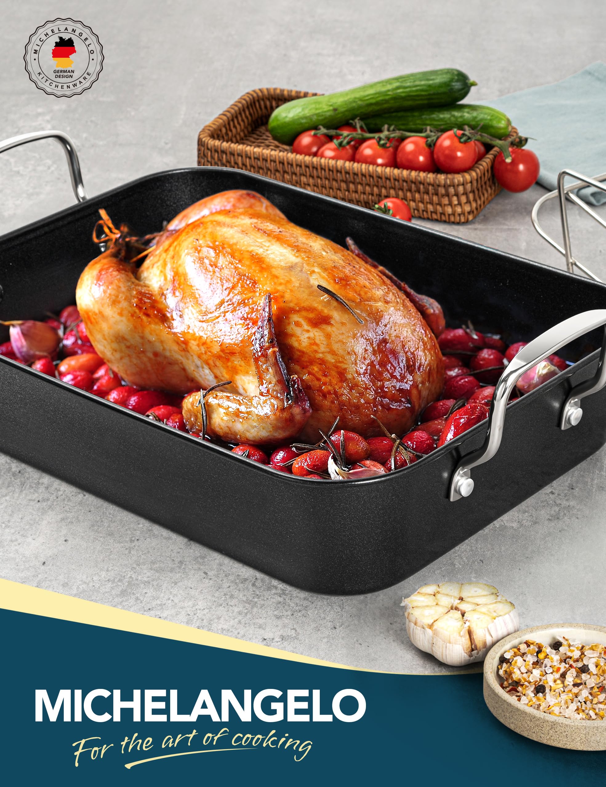 Manejo seguro MICHELANGELO para horno y parrilla sin salpicaduras.
