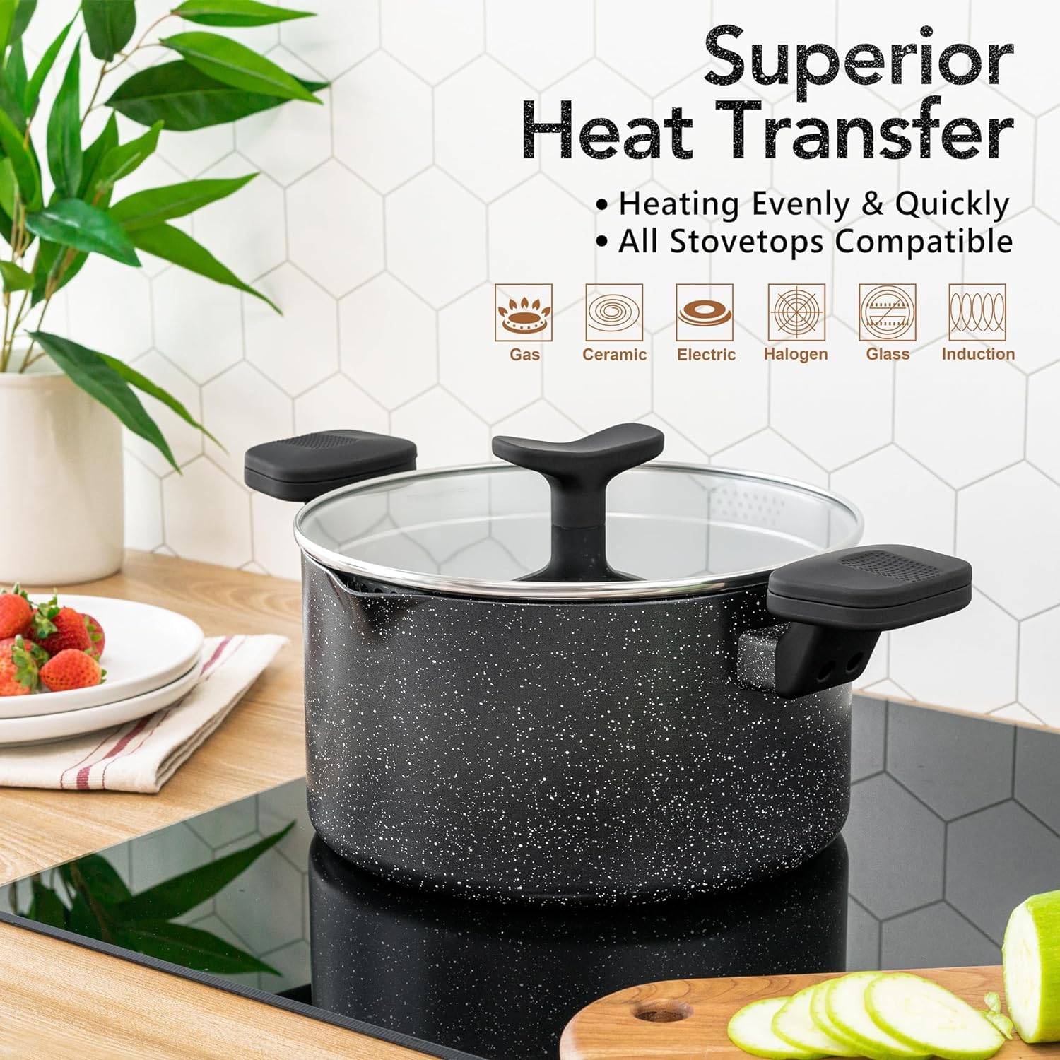 MICHELANGELO cazo-pasta manijas-frio-al-tacto ofrecen tacto agradable durante la cocción.