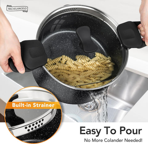 MICHELANGELO cazo-pasta con revestimiento-granito antiadherente facilita limpieza sin esfuerzo.