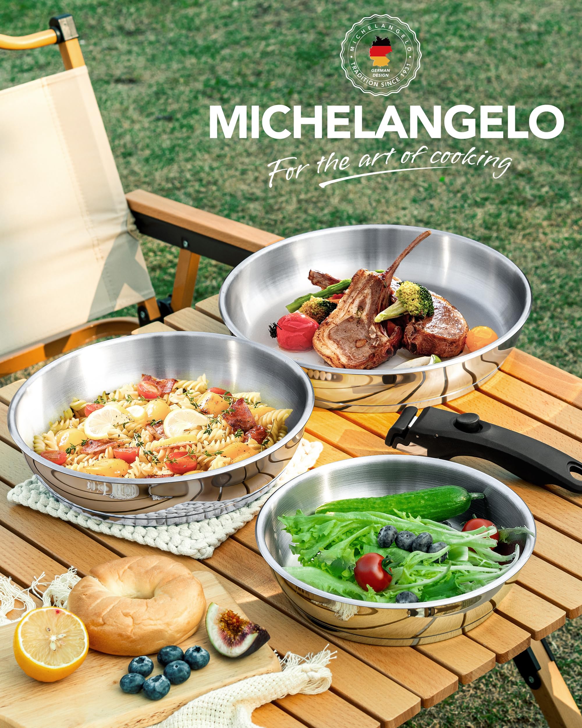 MICHELANGELO conjunto compacto gracias al mango desmontable para ahorro de espacio.
