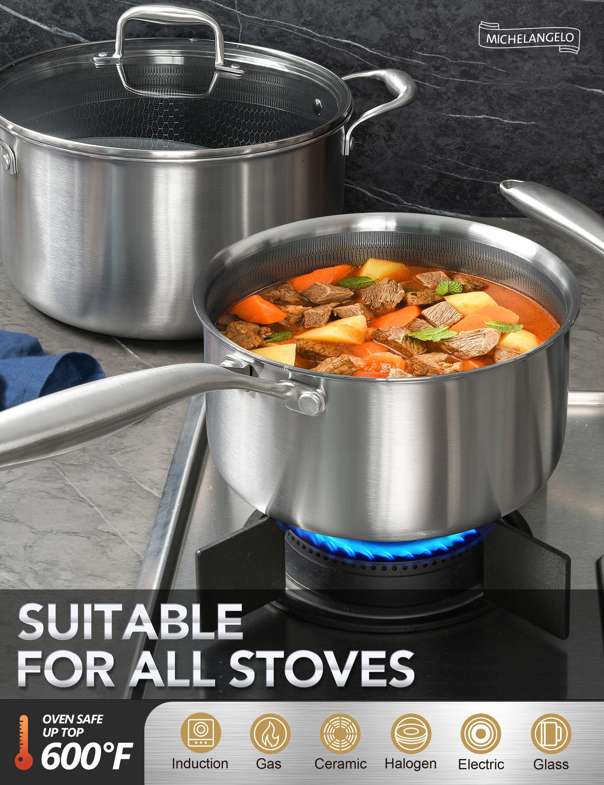 MICHELANGELO 3qt con tapa: ideal para guisos y sopas.
