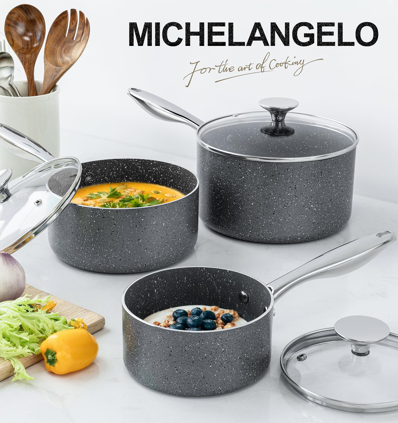 MICHELANGELO juego-sartenes-gris-3-tamaños ofrece versatilidad en la cocina diaria.