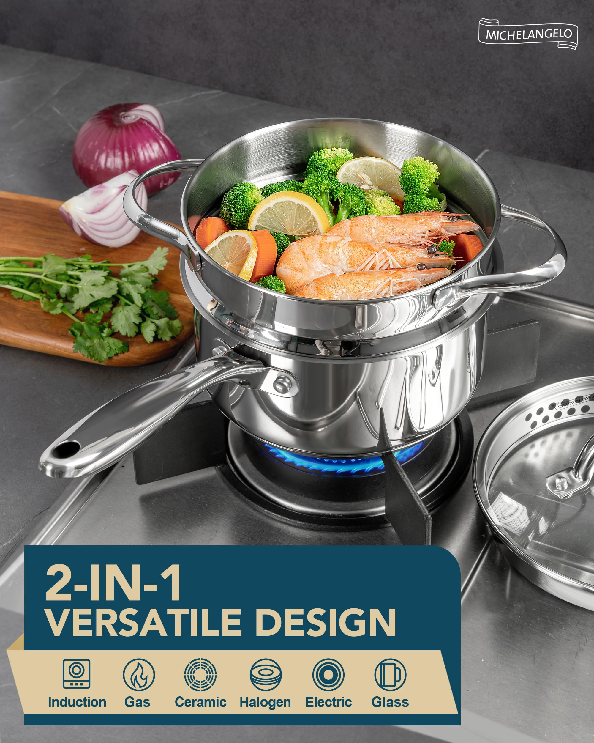 MICHELANGELO olla 2qt con inserto de vapor, cocción al vapor sencilla