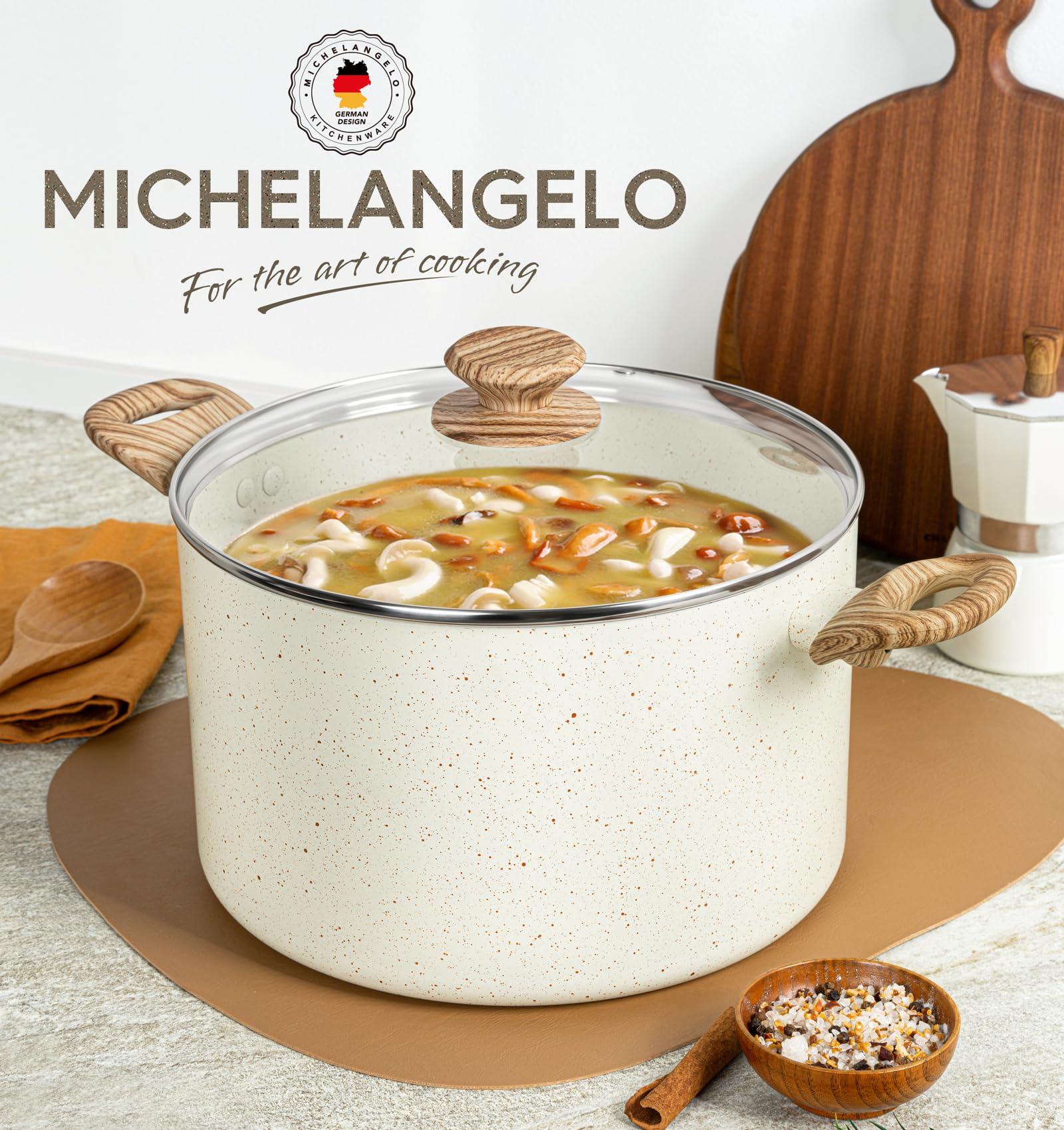 MICHELANGELO Olla stock 8qt tapa de vidrio permite vigilar sin perder calor.