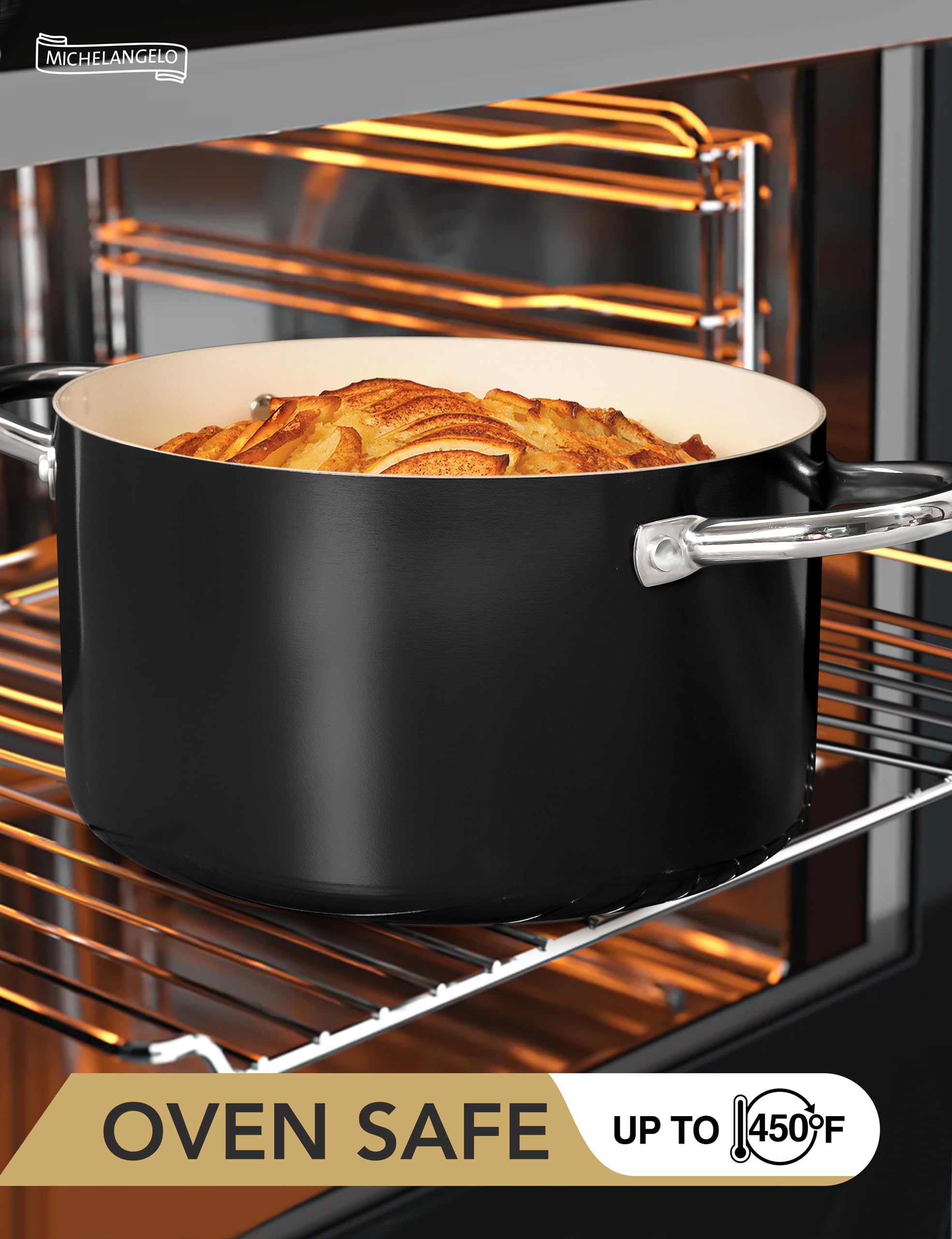 Olla MICHELANGELO apta para horno hasta 450°F para terminar tus preparaciones.