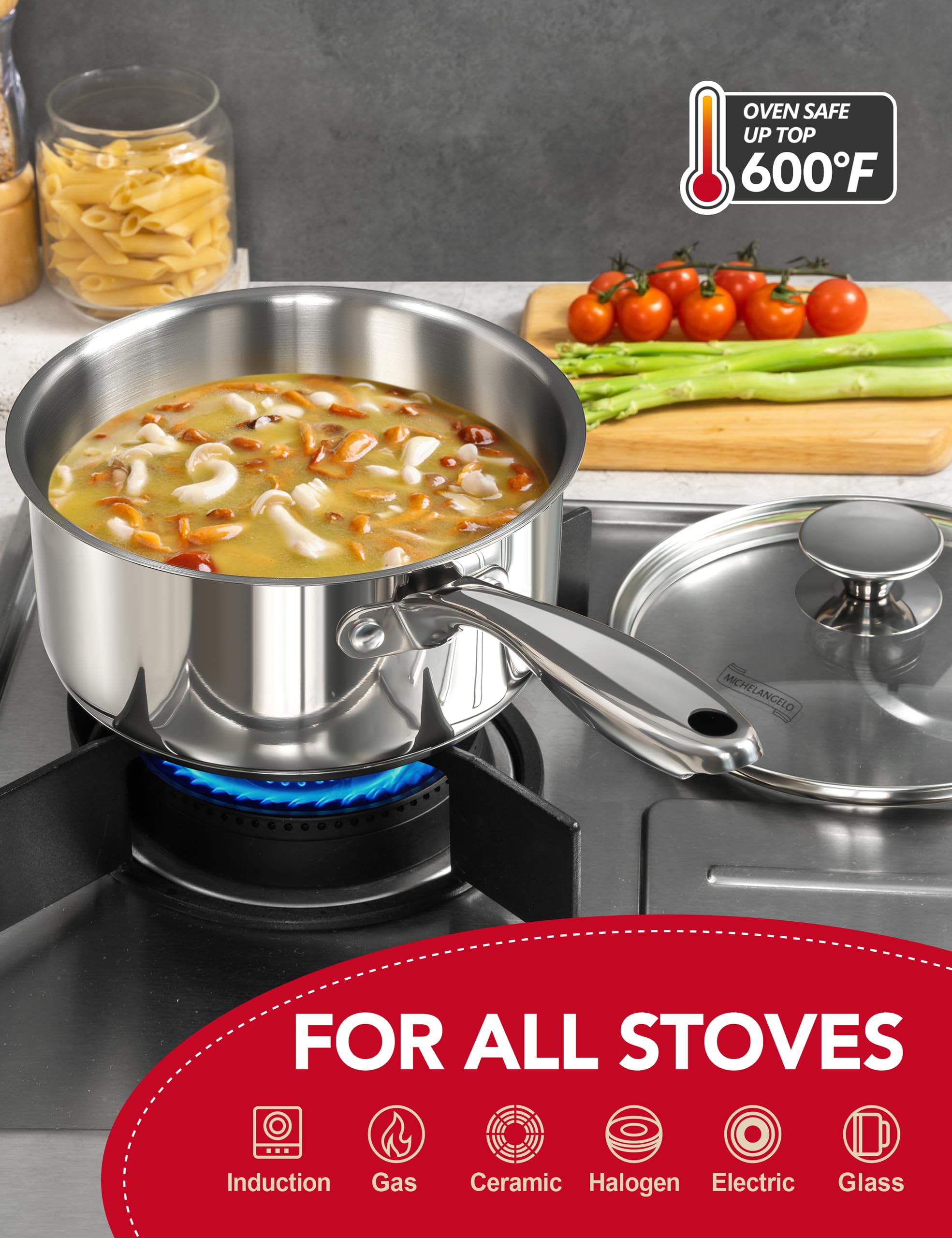 MICHELANGELO sartén para salsa de 3qt con tapa, ideal para grandes lotes.