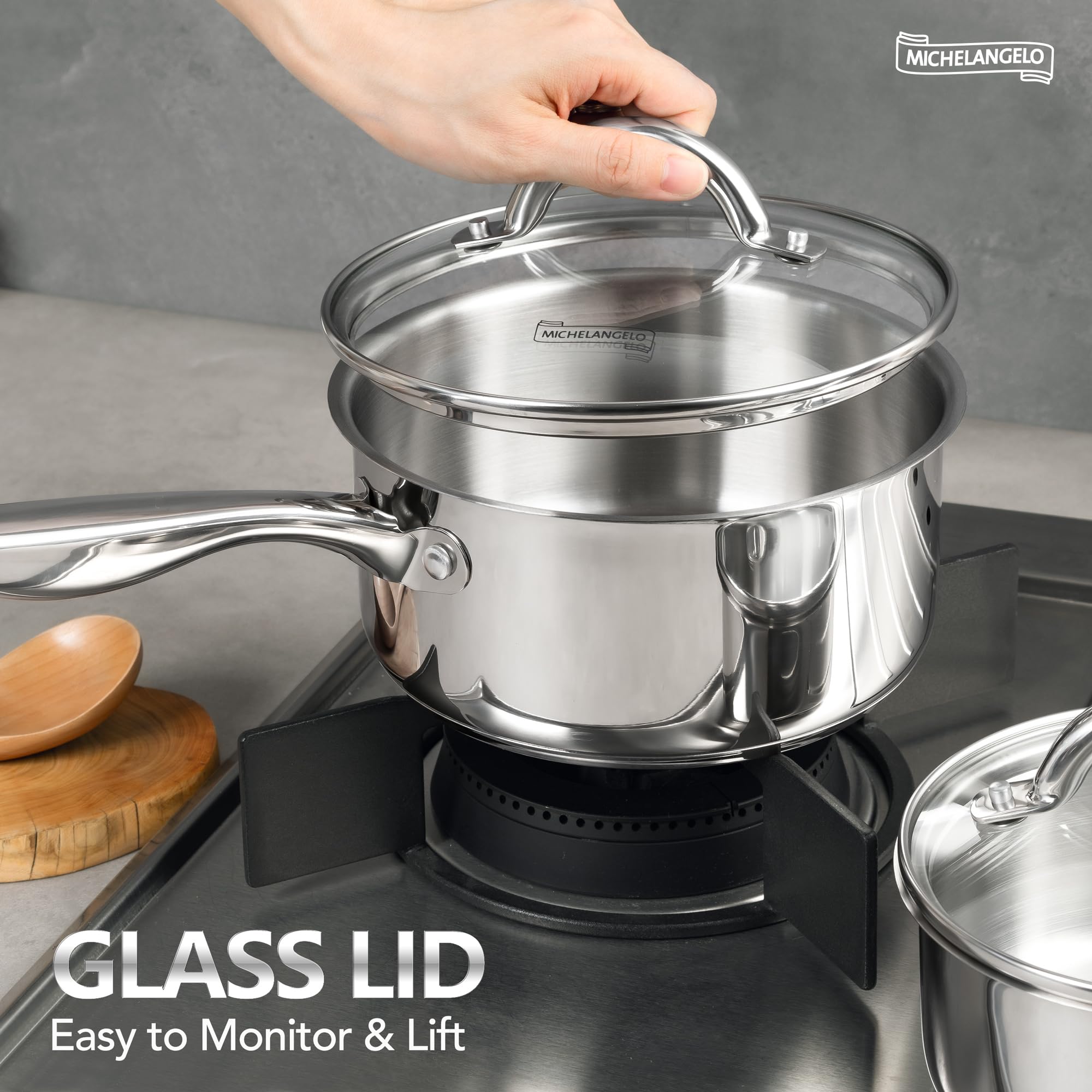 Sartén MICHELANGELO 2qt con tapa, base triple para calor uniforme