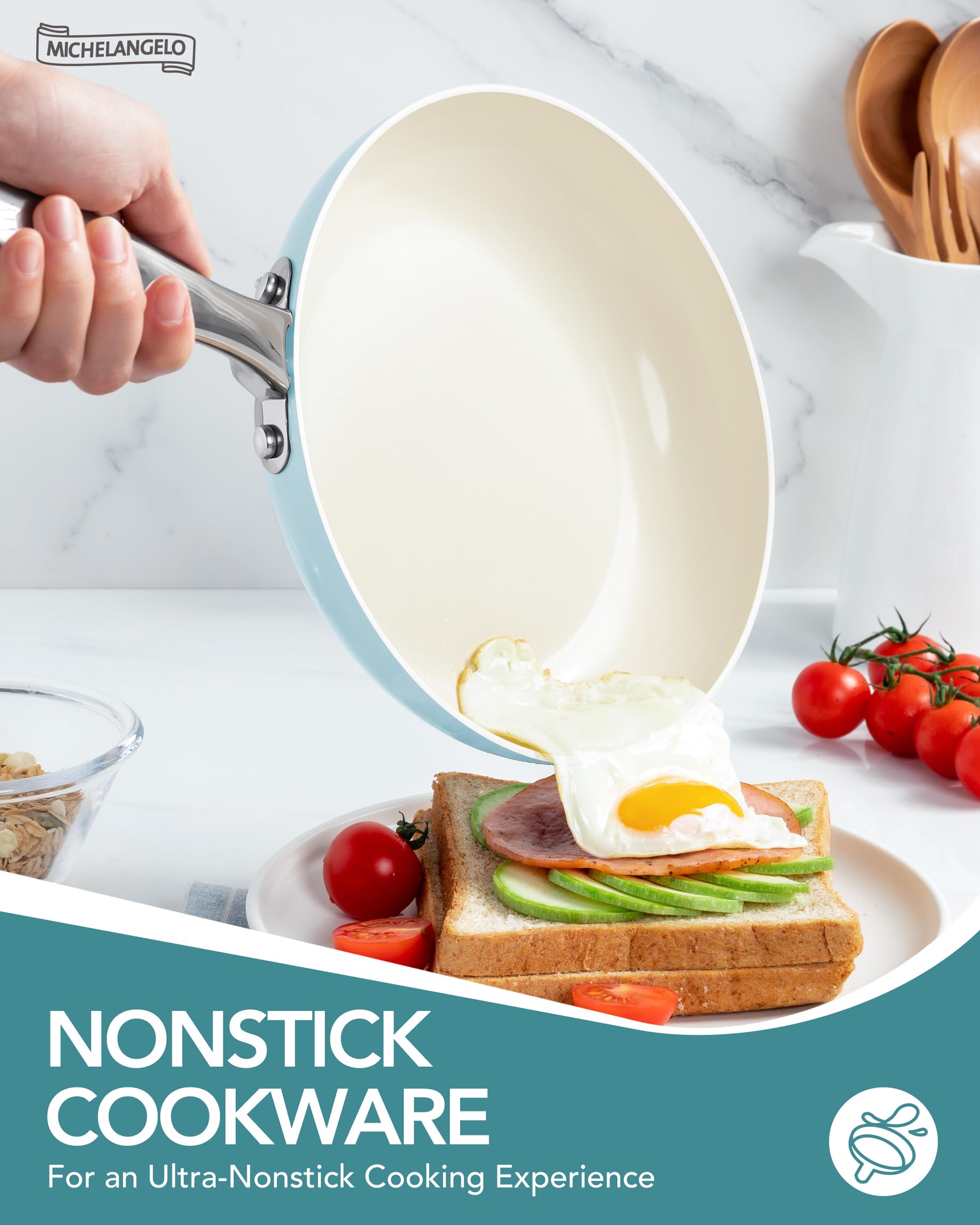 Sarten de 9.5 pulgadas Michelangelo, cocción eficiente con mínimo aceite.