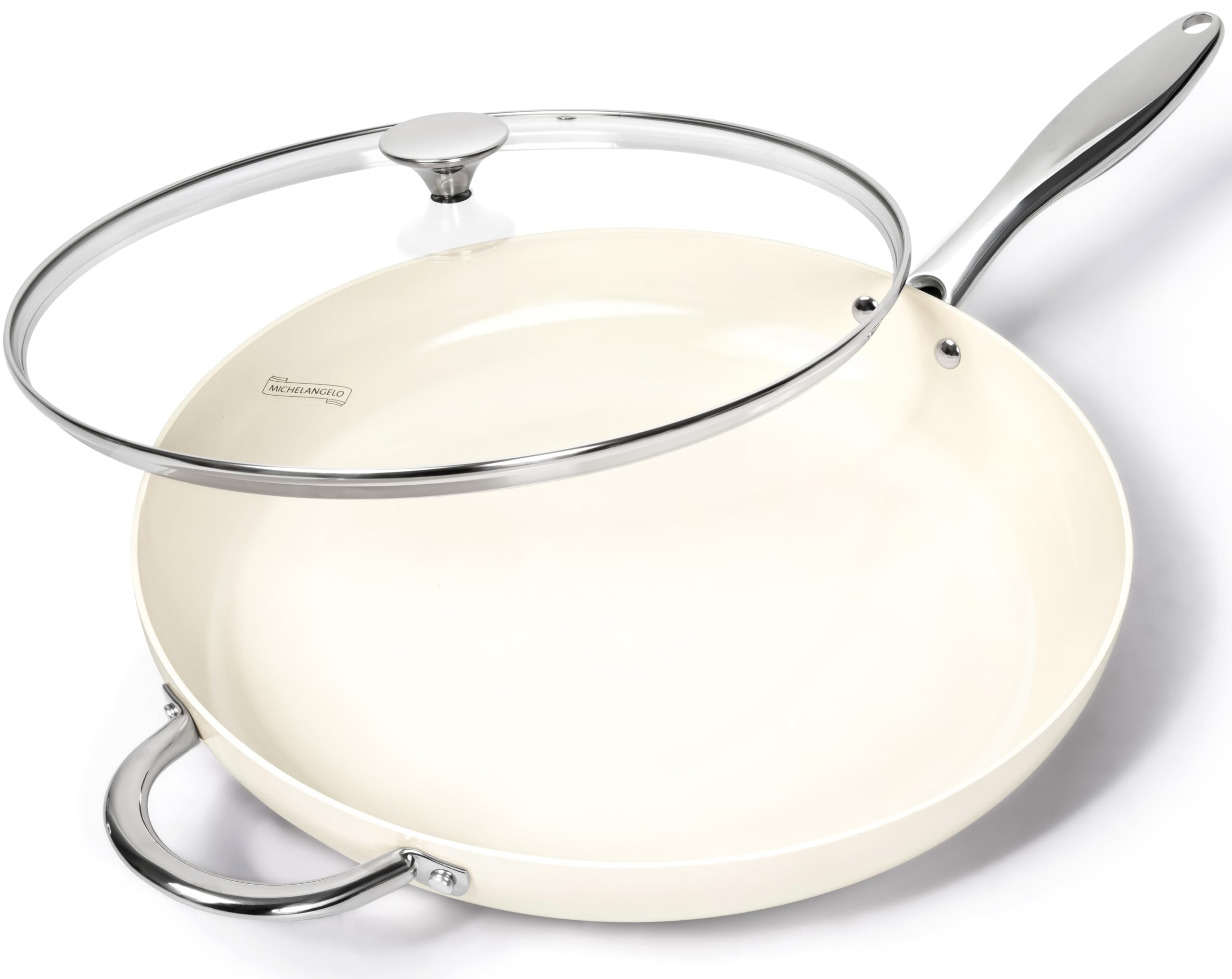 MICHELANGELO sartén cerámica 14p con tapa blanca: cocción segura sin PTFE ni PFOA.