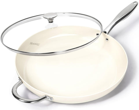 MICHELANGELO sartén cerámica 14p con tapa blanca: cocción segura sin PTFE ni PFOA.