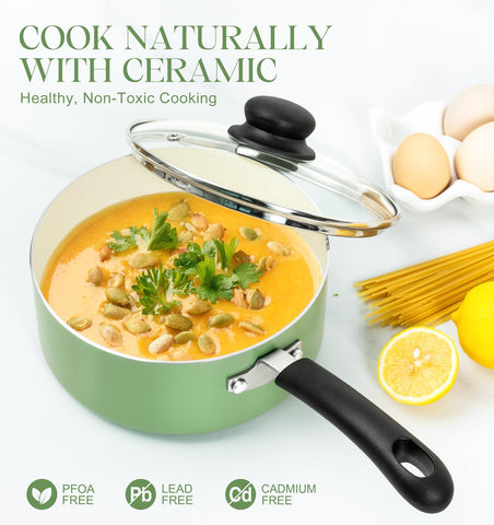 Sartén MICHELANGELO cerámica antiadherente 3qt, tapa de vidrio, ideal para cremas y caldos.