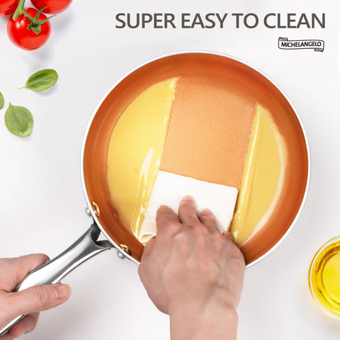 Sartén MICHELANGELO con mango ergonómico y tapa de vidrio para manejo seguro.