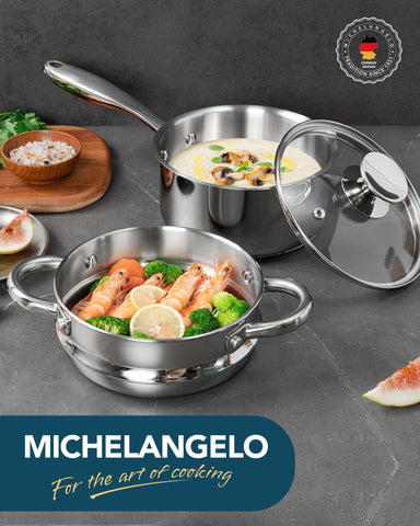 Versátil sartén MICHELANGELO para vapor y hervidos en la cocina diaria.