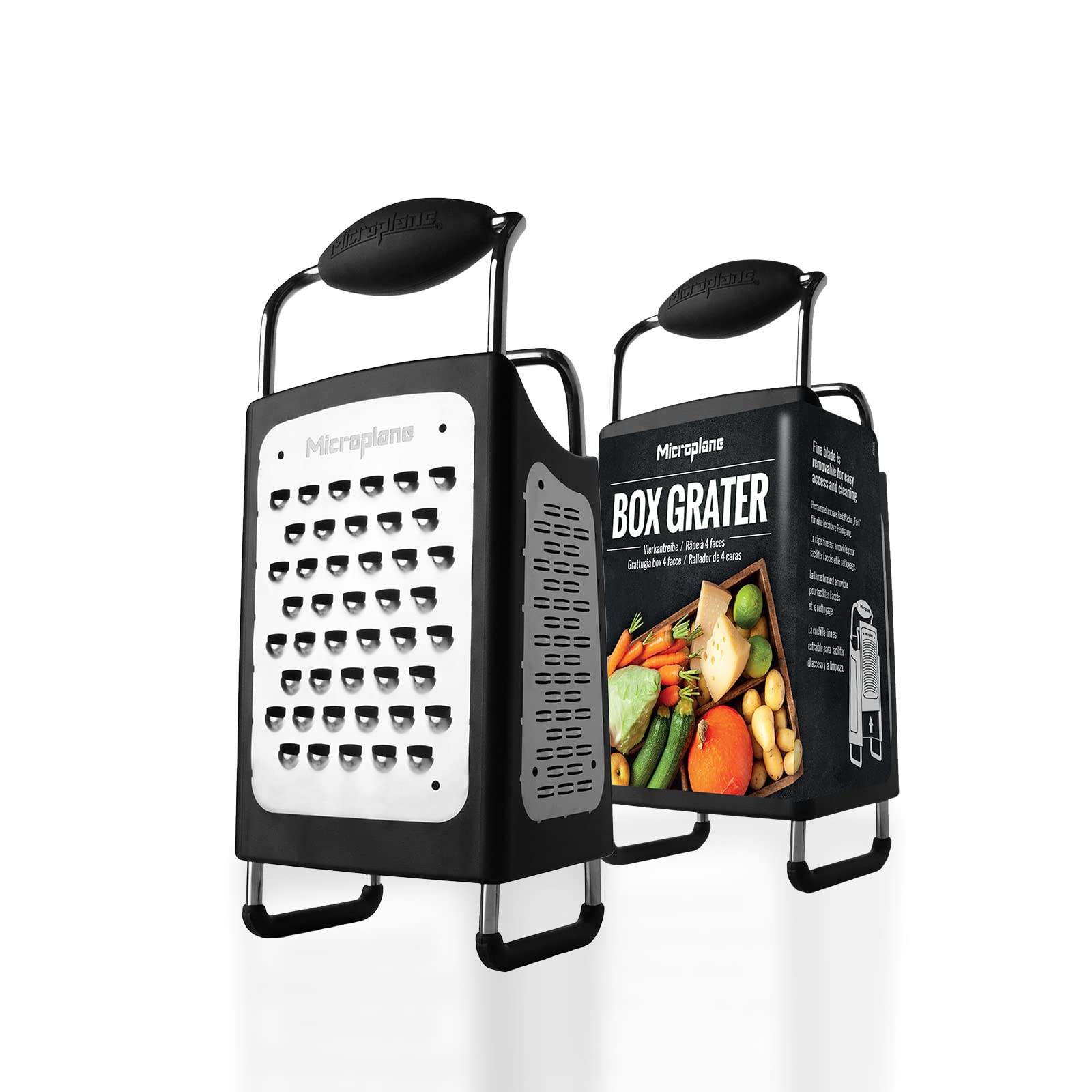 Microplane rallador de caja cuatro caras, acero inoxidable, mango ergonómico para rallados precisos.
