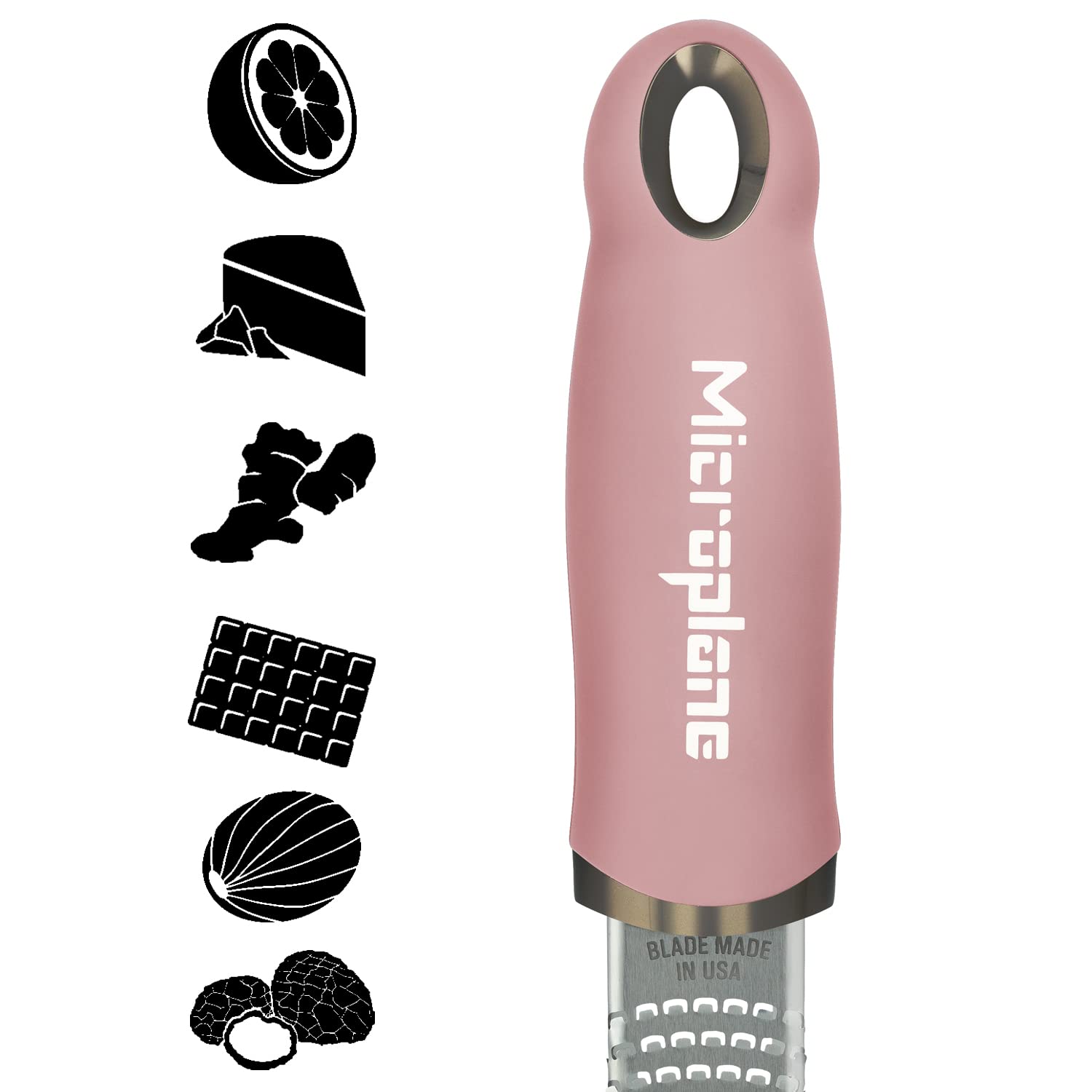 Microplane rallador rosado para queso duro, ideal para gratinar.