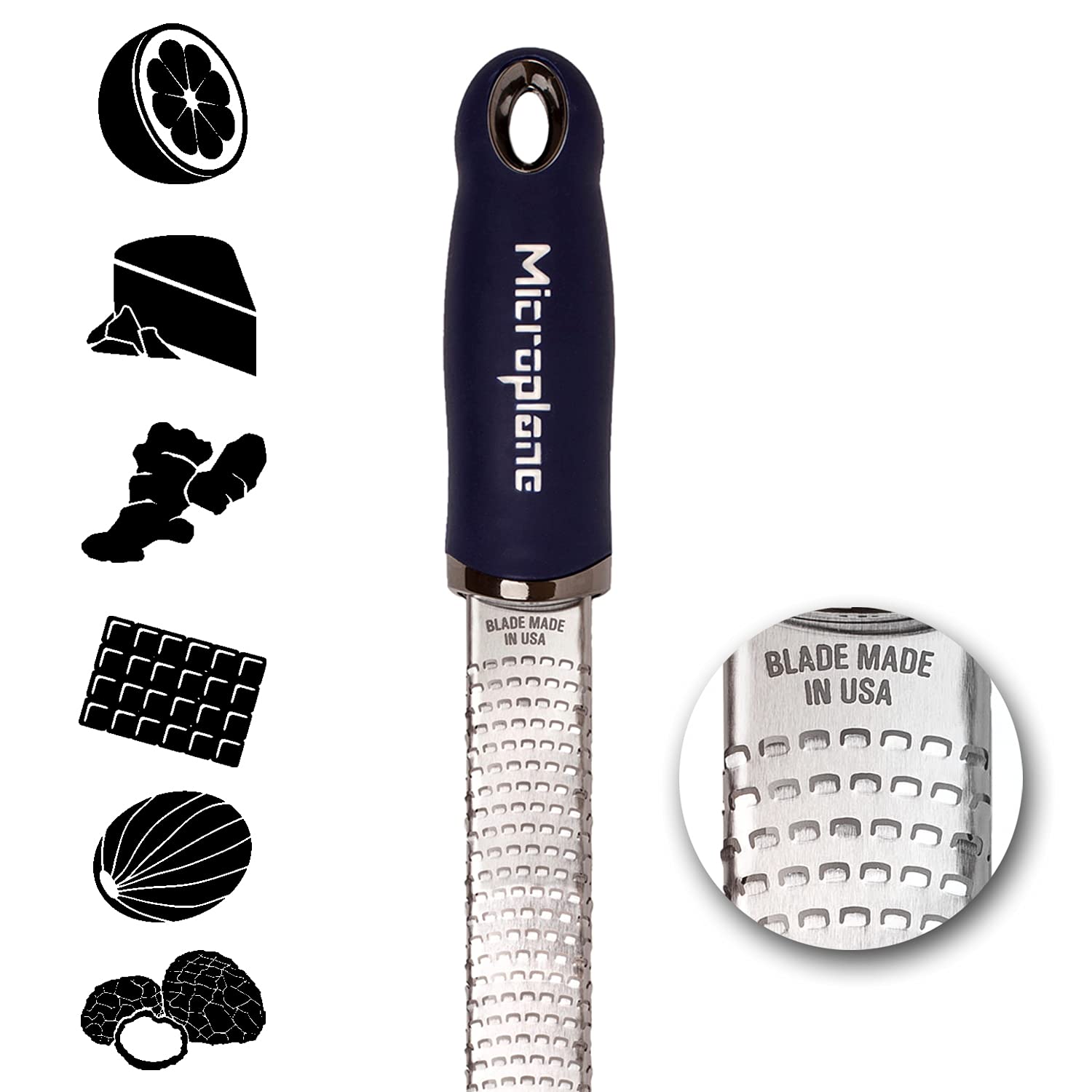 Microplane raspador parmesano azul para rallado fino sobre pastas y ensaladas.