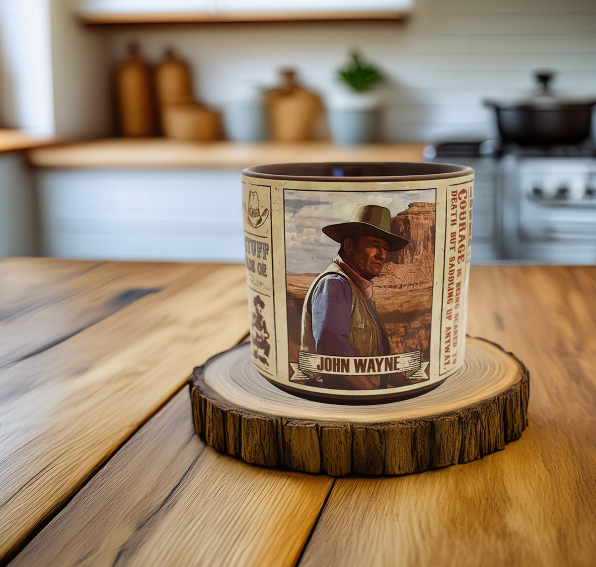 Taza cerámica John Wayne de Midsouth Products, ideal para café matutino con frases icónicas.