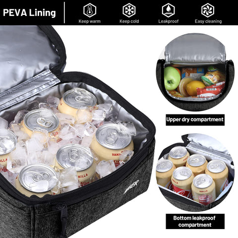 Bolsa MIER con apertura en U del compartimento seco superior para acceso rápido a snacks y frutas.