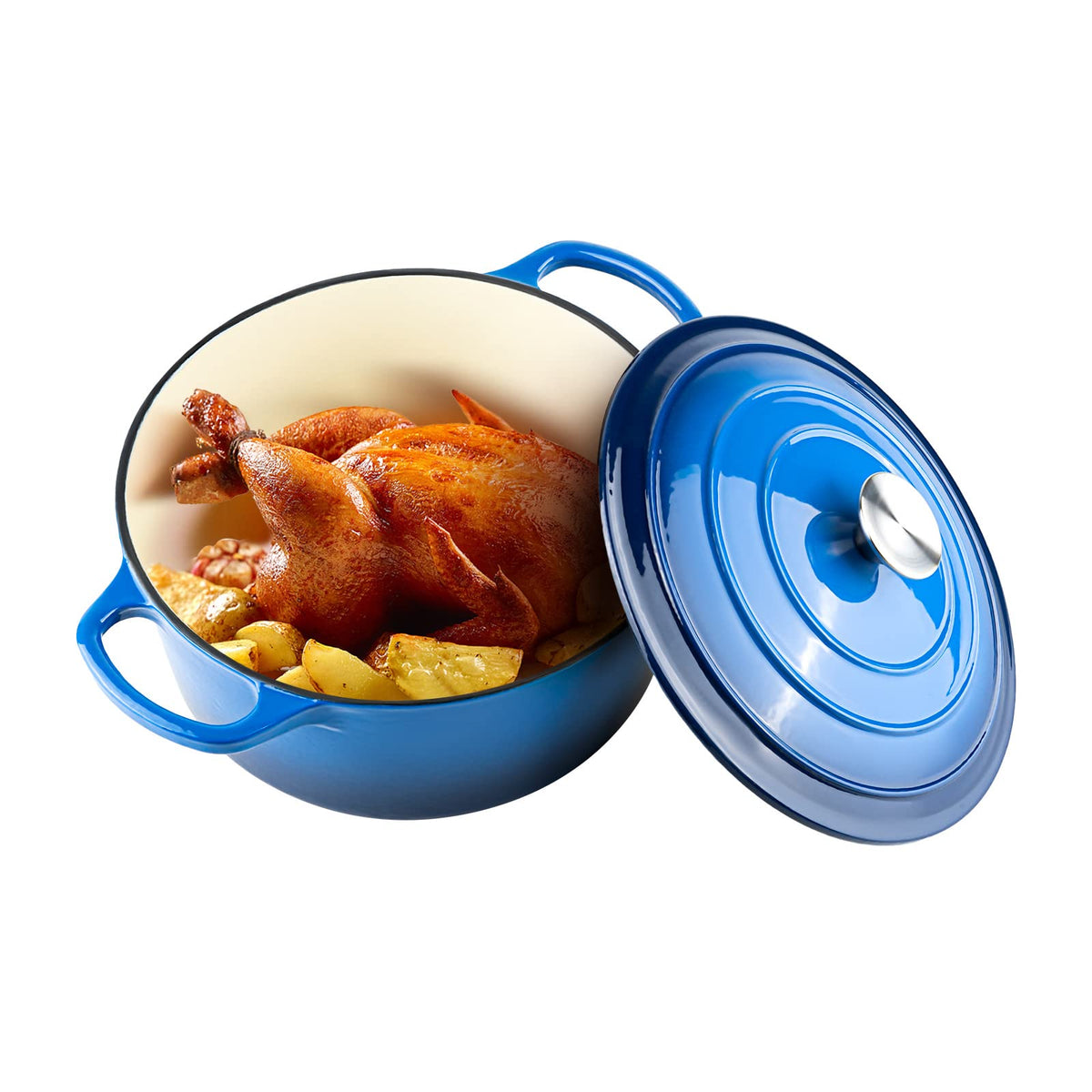 La olla Miereirl esmaltada de 6 cuartos con tapa frontal, perfecta para guisos caseros.