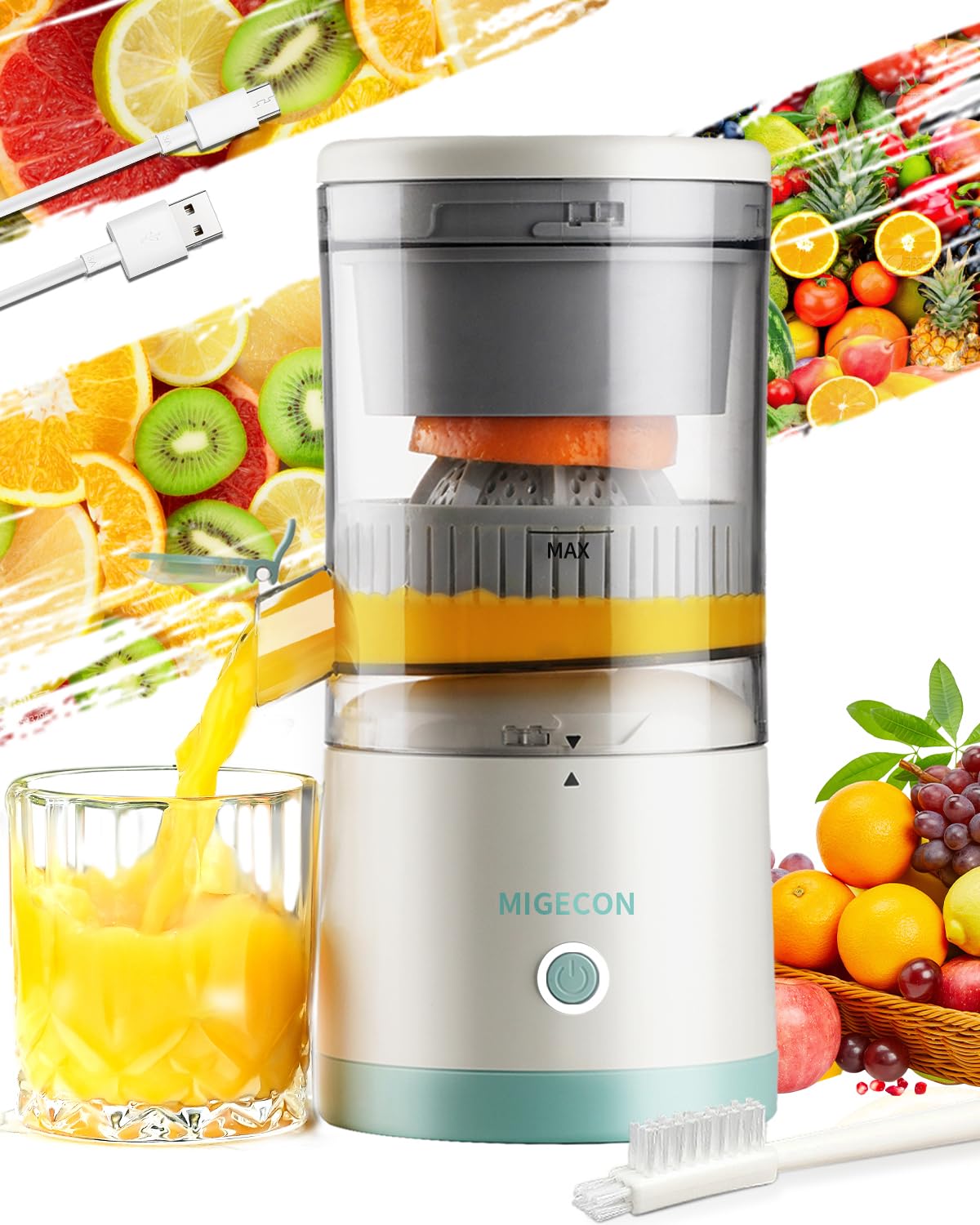 Extractor de jugos Migecon con naranja: jugo fresco rápido.