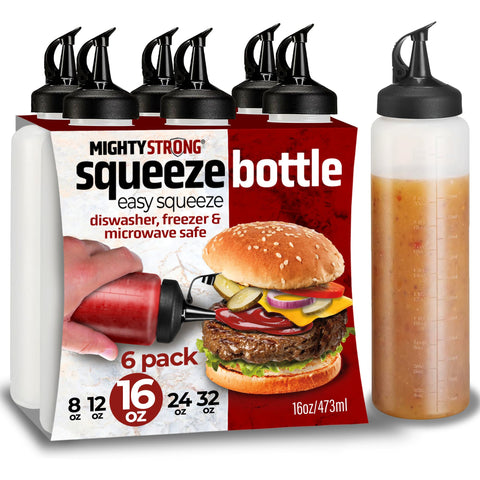 Mighty Strong botellas condimentos 6-pack 16oz con apertura amplia para rellenar fácilmente.