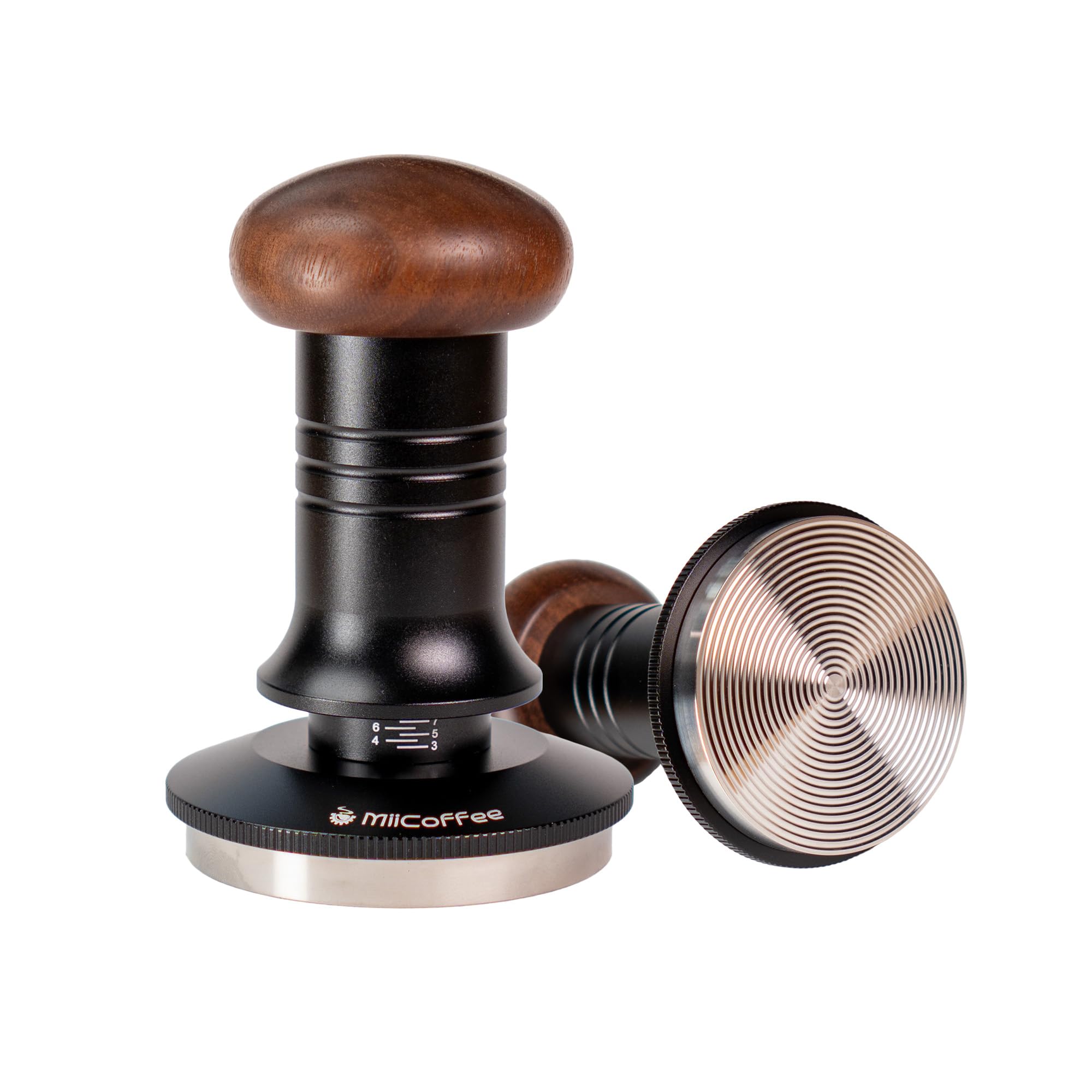 MiiCoffee prensador 58.5mm con base ondulada para distribución uniforme del café.
