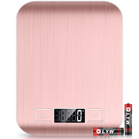 Mik-Nana Balanza de cocina rosa con plataforma de acero inoxidable para medir ingredientes con precisión.