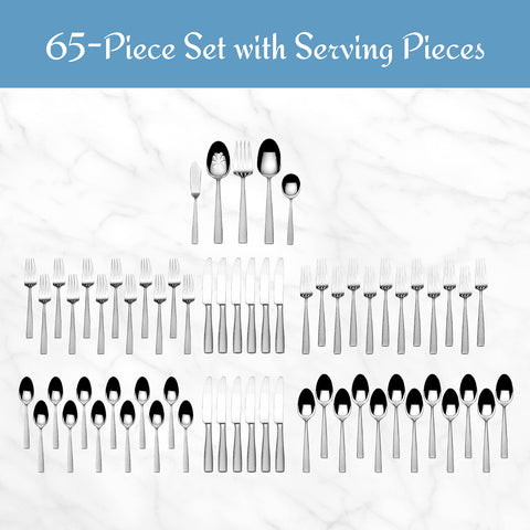 Juego de 65 piezas para 12 comensales, ideal para reuniones familiares.